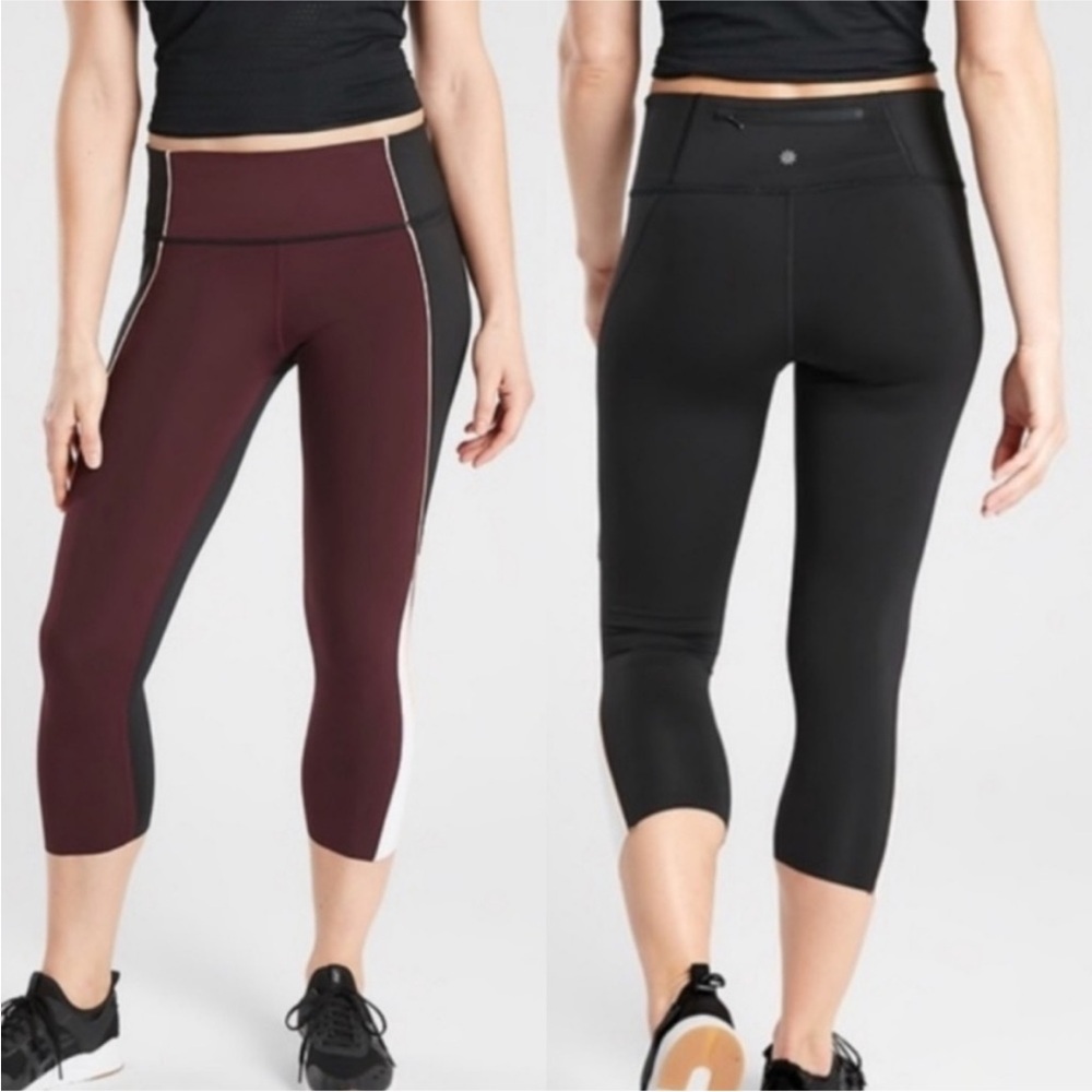 Athleta Womens Velocity Stash Pocket Color block Capris Size Small Gym Yoga Red